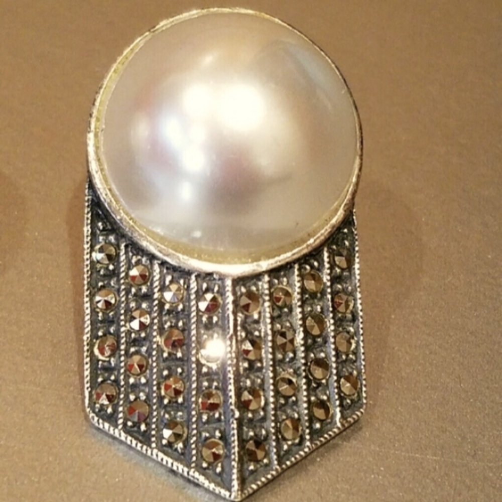 Judith Jack Sterling Silver & Faux Pearl Geometric Art Deco Earrings - Picture 2 of 5